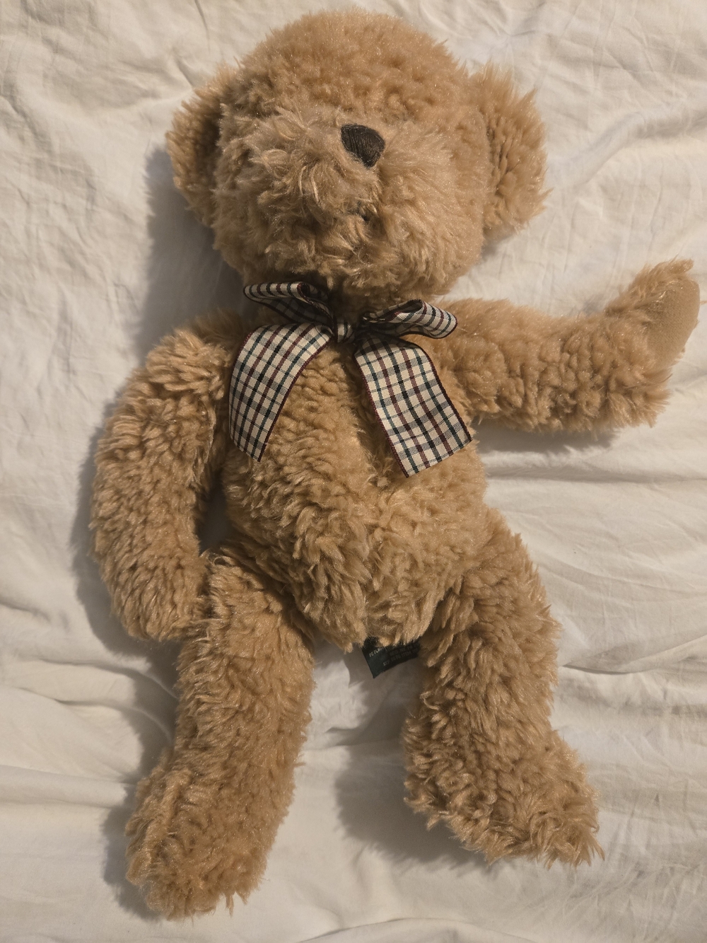 Vintage Douglas Barron Bear 10 Sitting Brown Curly Plush Plaid Bow